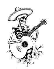 Dia de los Muertos Skeleton Mariachi Guitarist Tattoo Design, Ai generated Images