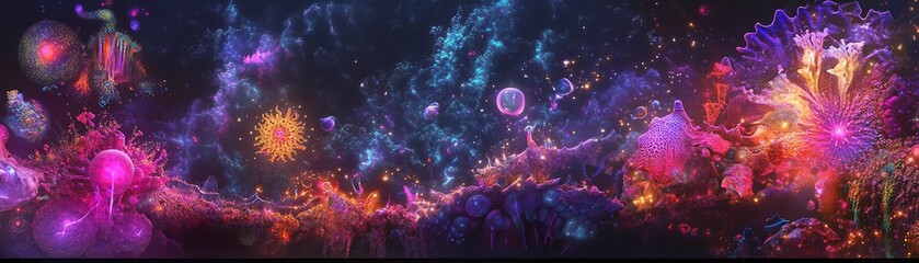 A breathtaking panoramic view of a fantasy world merging with intricate scientific landscapes