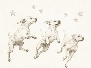 Three Dogs Jumping and Looking Up at Stars