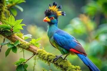 Fototapeta premium Vibrant blue feathers, a striking contrast to lush green foliage.