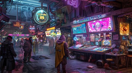 Obraz premium Cyberpunk street food vendor under neon lights