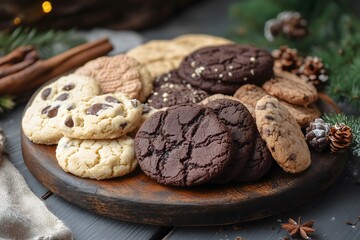 Fototapeta premium A round wooden tray with various delicious cookies
