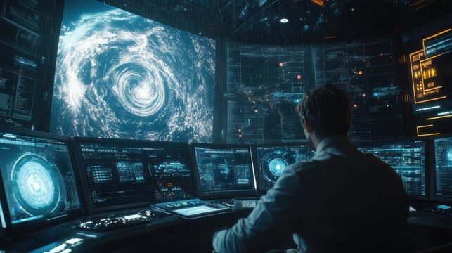 A researcher analyzes a swirling galaxy on multiple high-tech screens in a futuristic control room, tracking space phenomena.
