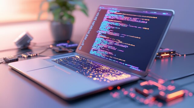 A sleek laptop displays colorful code, surrounded by electronic gadgets and a green plant, emphasizing a modern tech workspace.