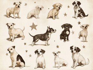 Fototapeta premium A Collection of Hand-Drawn Canine Portraits with Star Motifs