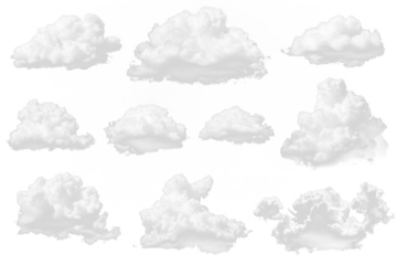 Various cloud shapes against a transparent background