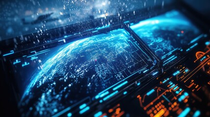 Obraz premium AI controlling climate systems, sensors monitoring weather patterns, futuristic weather control interface, climate science technology