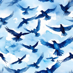 Obraz premium Watercolor seamless pattern of bright blue sky with flock of birds flying on the background.