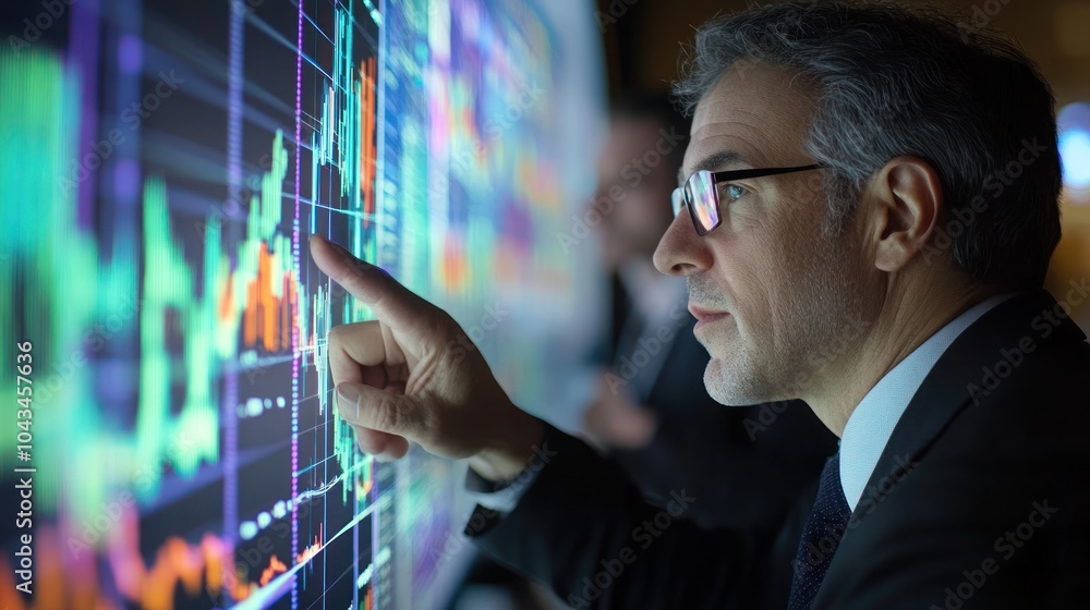 Poster a businessman in a suit points at a large screen displaying financial charts.