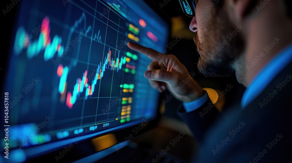 Poster a businessman analyzing a stock market graph on a computer screen.