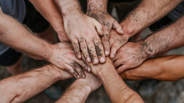 A powerful image capturing hands joined together, showcasing teamwork and collaboration. The dirty hands symbolize hard work and unity in a community-focused effort.