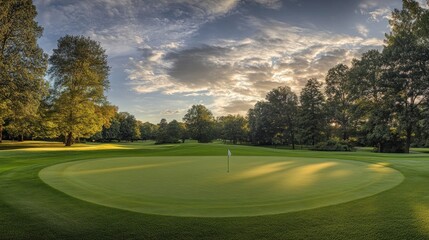 A golf green with a flag in the center, surrounded by trees and a cloudy blue sky.