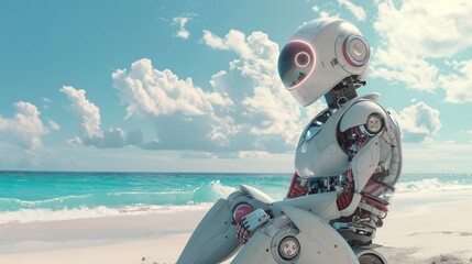 Robot lifeguard monitoring a futuristic beach