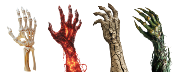 Hands of a monsters Isolated on transparent background PNG. Halloween set