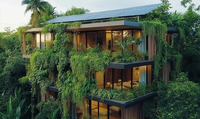 Fototapeta premium Modern house covered in lush greenery.