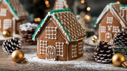 Close-up of a decorated gingerbread house surrounded by festive ingredients and cookie cutters