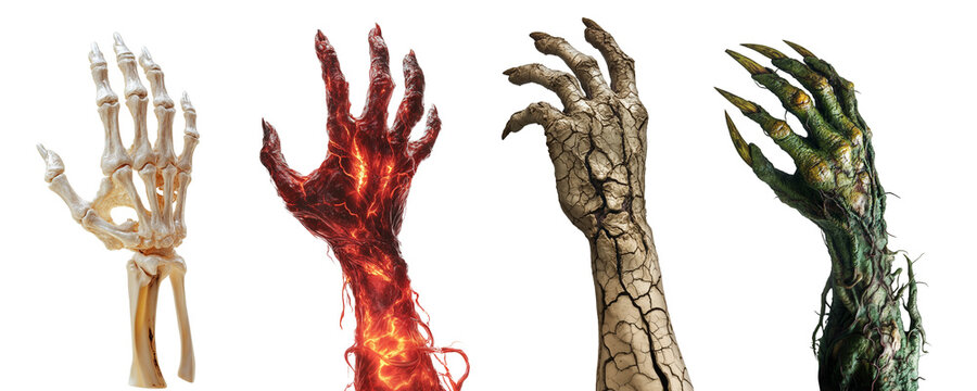 Hands of a monsters Isolated on transparent background PNG. Halloween set