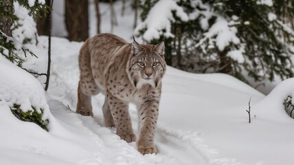 Obraz premium A lone lynx walking through a snow-covered forest with thick fur blending into winter scenery