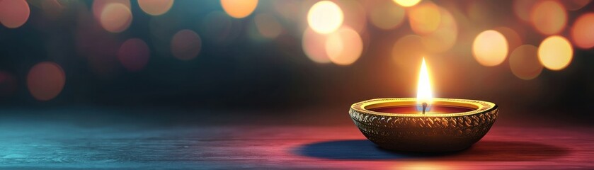 A beautifully lit oil lamp sits on a table, surrounded by a soft, colorful bokeh background, creating a serene and warm atmosphere.