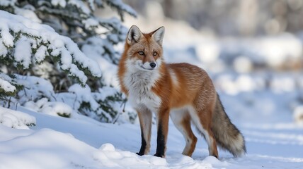 A majestic red fox standing in a snowy landscape with bright eyes and thick fur
