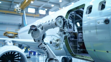 Robotic arm conducting a thorough inspection of an aircraft fuselage