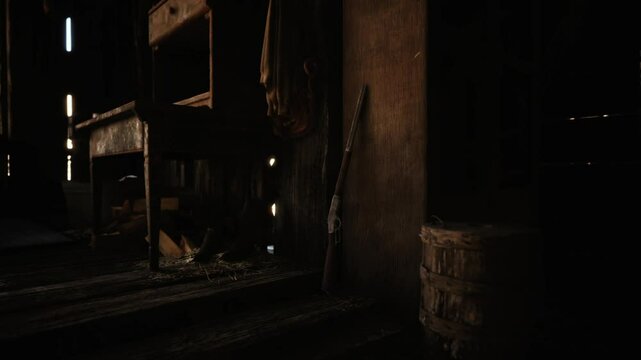 The dimly lit interior of an old wooden barn features a shotgun leaning against a wall and barrels stacked nearby, evoking a rustic and historical atmosphere.