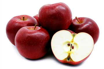 Red apple with a bite taken out of it. There are five other apples in the background, clean food.