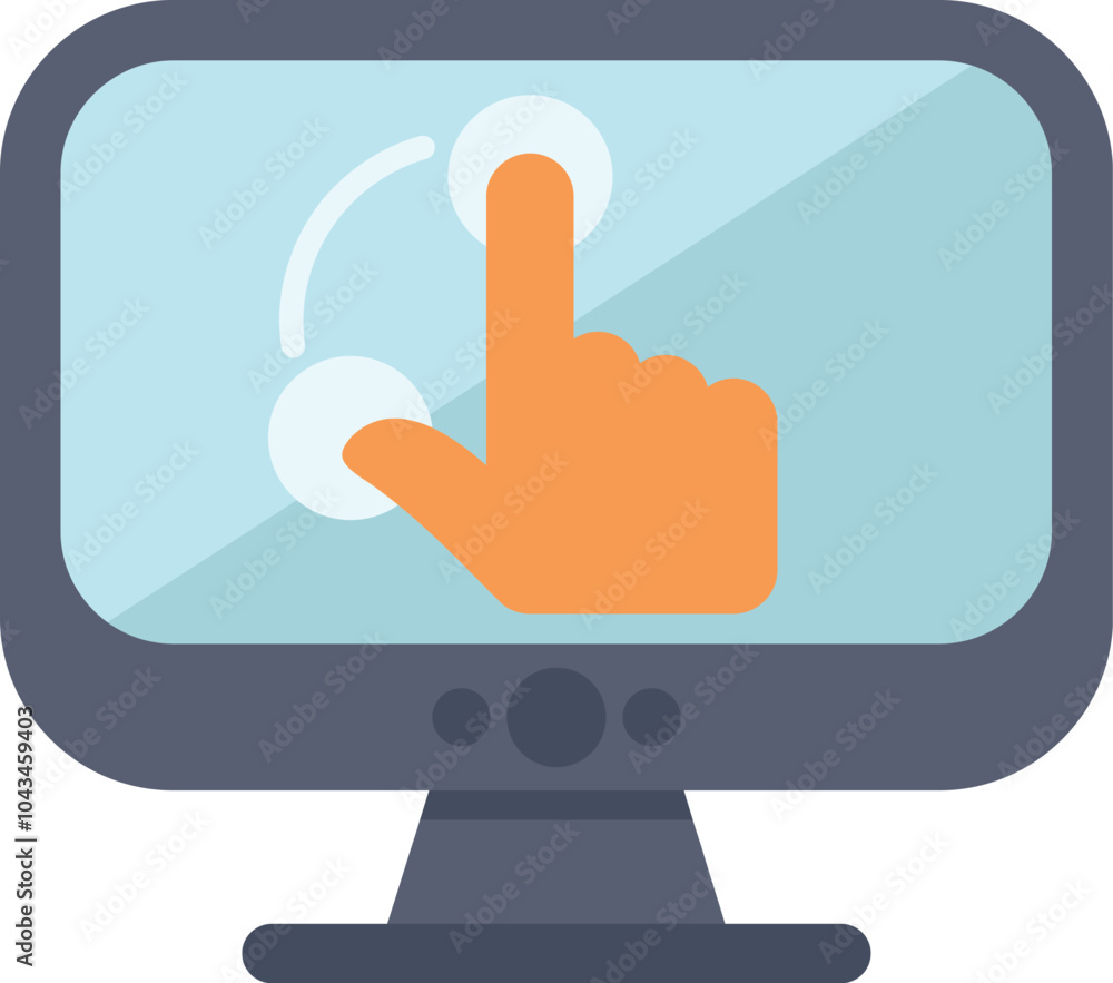 Poster conceptual illustration of a hand interacting with a touch screen computer monitor displaying rotati