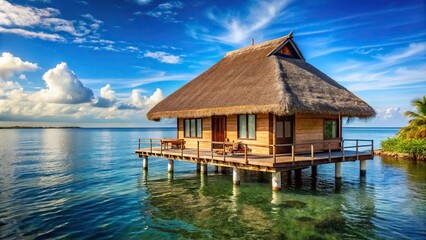 Fototapeta premium Roof thatch bungalow on water hotel at a tilted angle