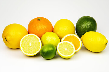 Bunch of fruit including oranges, lemons, and limes. The oranges are in the middle and the lemons are on the left, clean food.