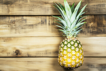 Pineapple is sitting on a wooden surface.