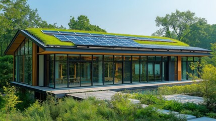 Modern Eco-Friendly Home with Solar Panels and Green Roof in Lush Setting.