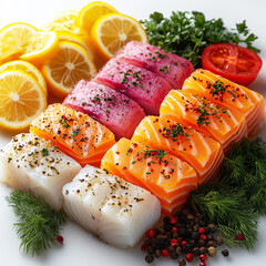 Plate of assorted fish and vegetables, including salmon, tomatoes, and parsley.