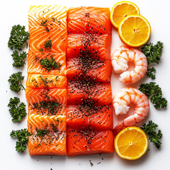 The plate of salmon, shrimp, and oranges. The salmon is cut into pieces and sprinkled with herbs. The oranges are sliced and placed on the plate as well, clean food.