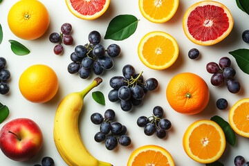 Bunch of fruit including bananas, grapes, oranges, and apples.