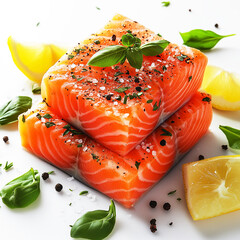 Stack of salmon fillets with lemon slices and parsley on top.