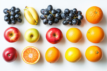 Bunch of fruit including apples, oranges, and grapes. The apples are red and the oranges are orange, clean food.