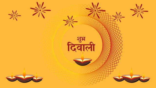 Diwali festival background with beautiful diyas lit oil lamps and fireworks illustration on yellow background, Hindi calligraphy english translation happy diwali.