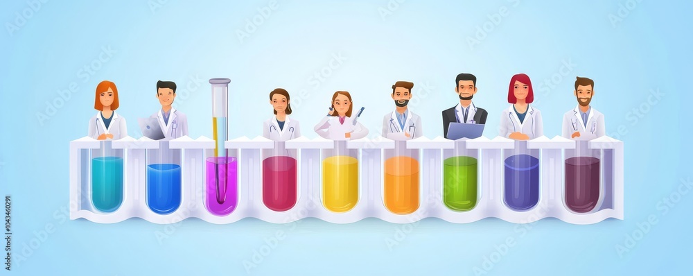 Poster a colorful lab scene with diverse scientists working with test tubes and laboratory equipment, showc