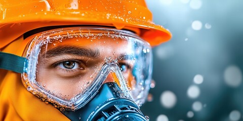 A focused worker in safety gear prepares for a challenging task on a rainy day outdoors