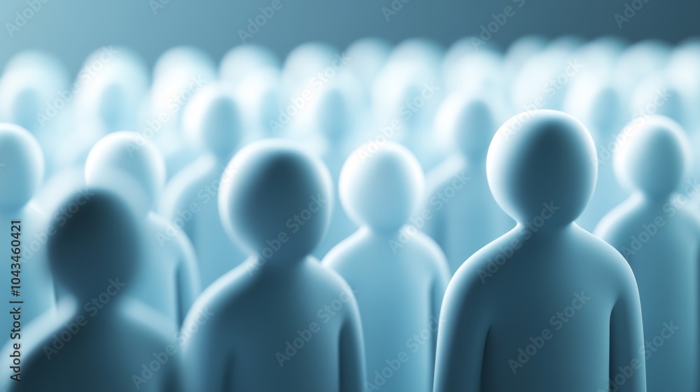 Poster a crowd of abstract figures in soft blue tones, creating a tranquil and contemplative atmosphere, pe