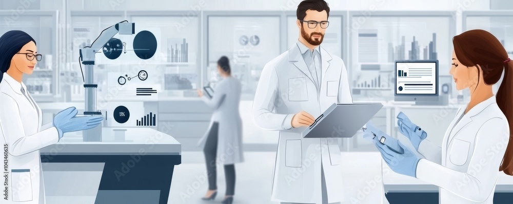Poster a diverse team of scientists collaborating in a modern laboratory, using advanced technology for res