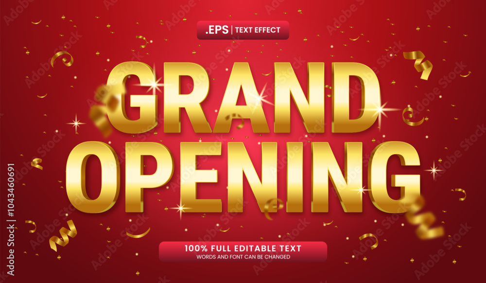 Poster gold grand opening text on a red background with confetti. editable 3d text effect vector illustrati