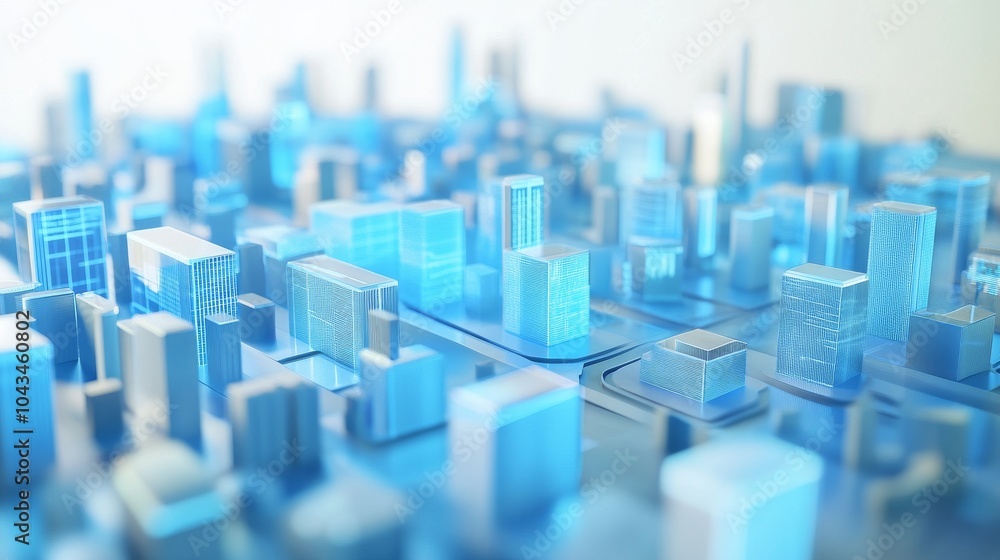 Poster a futuristic cityscape model featuring transparent blue buildings and advanced architecture, ideal f
