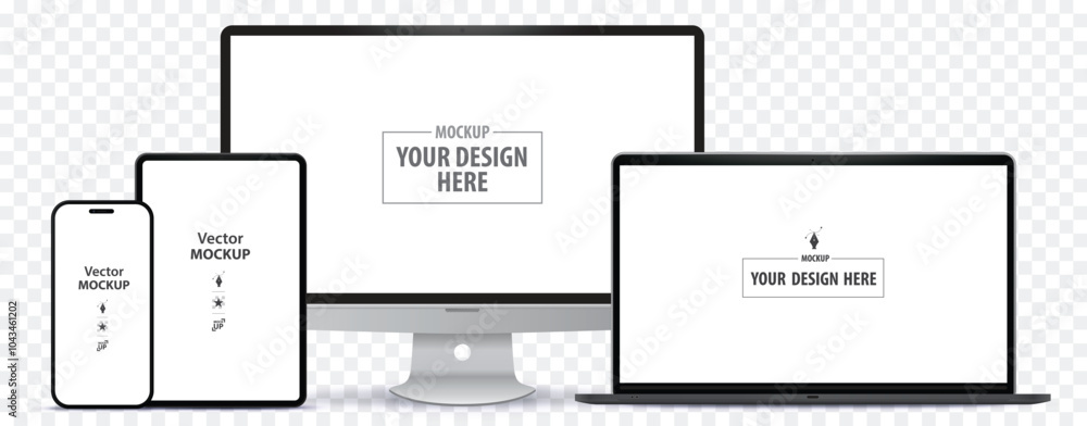 Wall mural desktop computer monitor, tablet pc, mobile phone and laptop computer mockup. digital devices screen