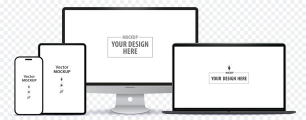 Desktop Computer Monitor, Tablet PC, Mobile Phone and Laptop Computer Mockup. Digital devices screen vector illustration template on transparent background. Easy editable vector file.