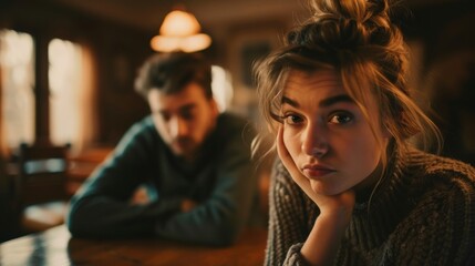 Young couple in a cozy setting sharing a moment of contemplation at a rustic caf&eacute; in the late afternoon glow