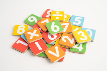 Number wood block cubes for learning Mathematic, education math concept.