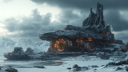 Obraz premium A futuristic, abandoned spaceship sits on a snowy shore, with other smaller ships nearby, under a cloudy sky and a mountainous backdrop.