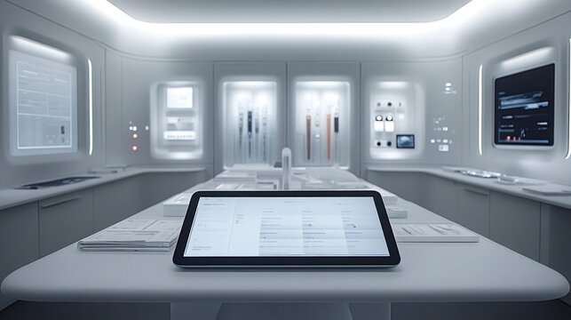 A futuristic, minimalist office interior with a tablet on the table in the center.